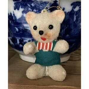 Vtg Christmas Ornament Flocked White Teddy Bear w Green Overalls Bowtie 3 Inch
